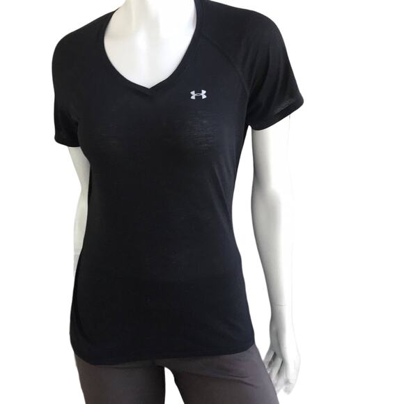 Under Armour Heat Gear Black Short Sleeve Athletic V-Neck Shirt Women's Size S - Picture 1 of 7